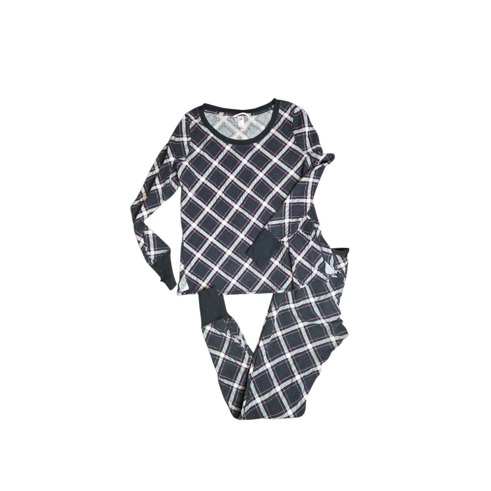 Victoria's Secret Plaid Thermal Pajama Set Small Navy Pink Waffle Knit Lounge
